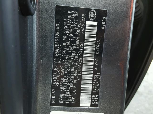 4T1BB46K28U044259 - 2008 TOYOTA CAMRY GRAY photo 10