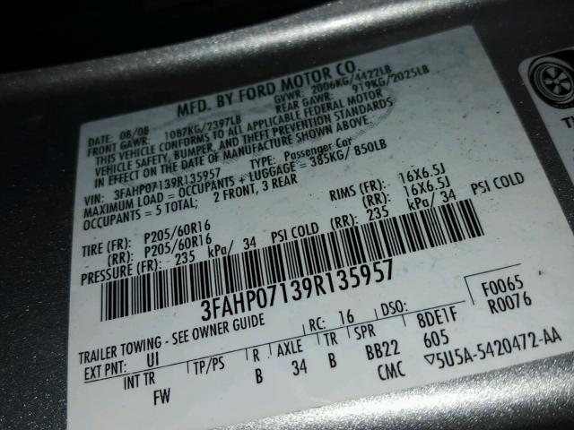 3FAHP07139R135957 - 2009 FORD FUSION SE SILVER photo 10