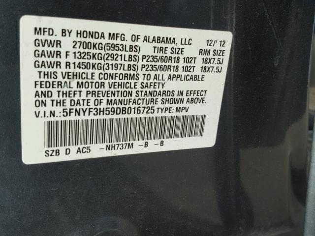 5FNYF3H59DB016725 - 2013 HONDA PILOT GRAY photo 10