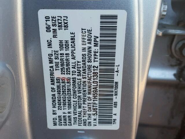 5J6TF1H59AL013812 - 2010 HONDA ACCORD CRO SILVER photo 10