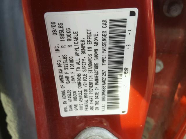 1HGCM56867A021257 - 2007 HONDA ACCORD EX RED photo 10