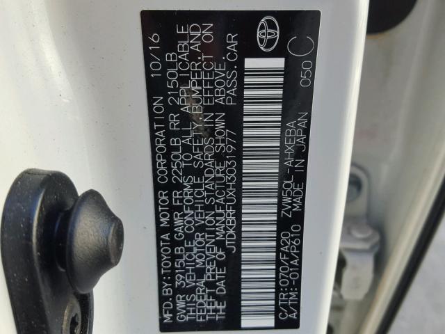 JTDKBRFUXH3031977 - 2017 TOYOTA PRIUS 白色 照片 10