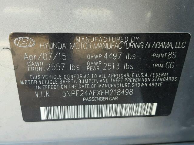 5NPE24AFXFH218498 - 2015 HYUNDAI SONATA SE SILVER photo 10