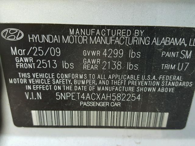 5NPET4ACXAH582254 - 2010 HYUNDAI SONATA GLS GRAY photo 10