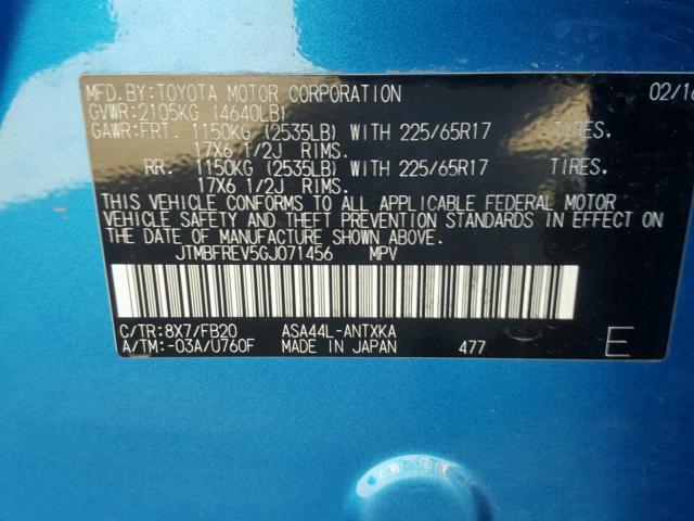 JTMBFREV5GJ071456 - 2016 TOYOTA RAV4 LE Mavi foto 10