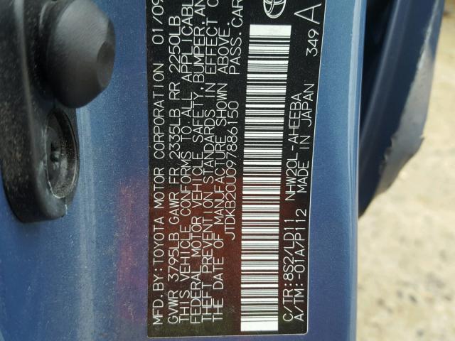 JTDKB20U097886150 - 2009 TOYOTA PRIUS BLUE photo 10