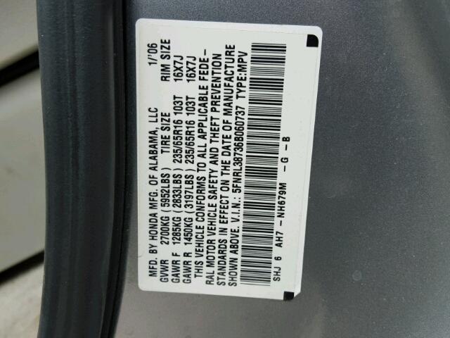 5FNRL38736B060737 - 2006 HONDA ODYSSEY EX GRAY photo 10