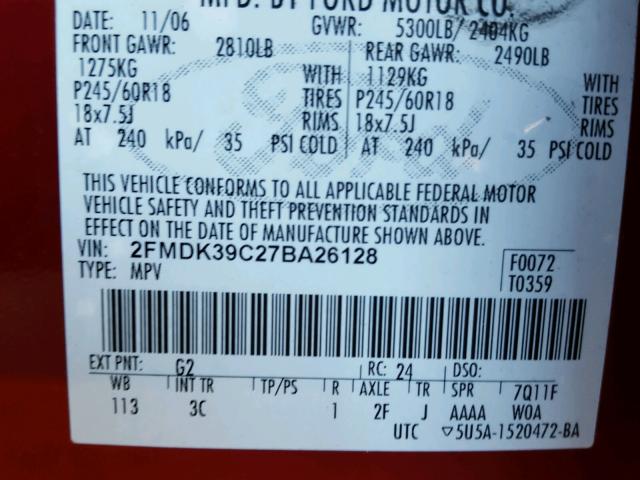 2FMDK39C27BA26128 - 2007 FORD EDGE RED photo 10