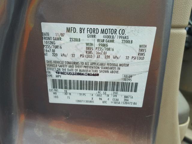 1FMCU93158KD30724 - 2008 FORD ESCAPE XLT SILVER photo 10