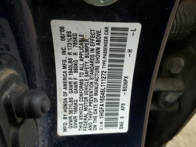 1HGFA16546L111272 - 2006 HONDA CIVIC LX BLUE photo 10