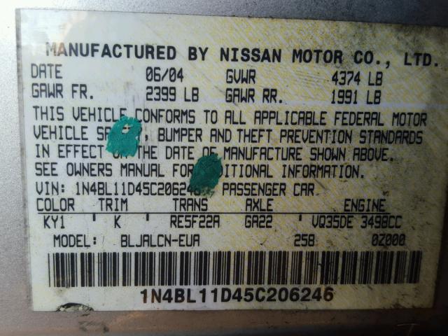 1N4BL11D45C206246 - 2005 NISSAN ALTIMA SE SILVER photo 10