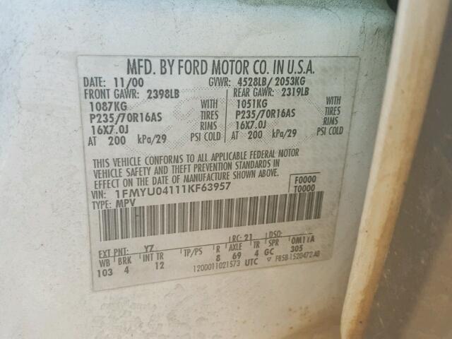 1FMYU04111KF63957 - 2001 FORD ESCAPE XLT WHITE photo 10