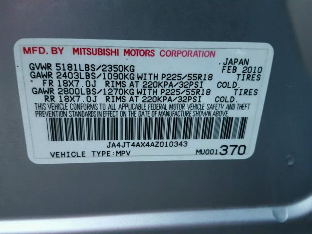 JA4JT4AX4AZ010343 - 2010 MITSUBISHI OUTLANDER SILVER photo 10