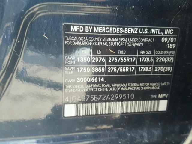 4JGAB75E72A299510 - 2002 MERCEDES-BENZ ML 500 GRAY photo 10