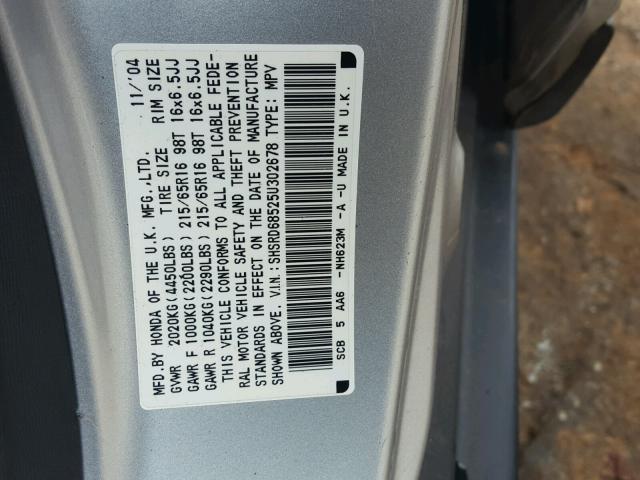 SHSRD68525U302678 - 2005 HONDA CR-V SILVER photo 10