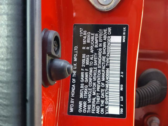 SHHFK7H46JU406984 - 2018 HONDA CIVIC SPOR RED photo 10