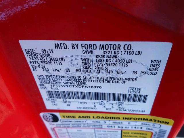 1FTFW1CTXDFA18870 - 2013 FORD F150 SUPER RED photo 10