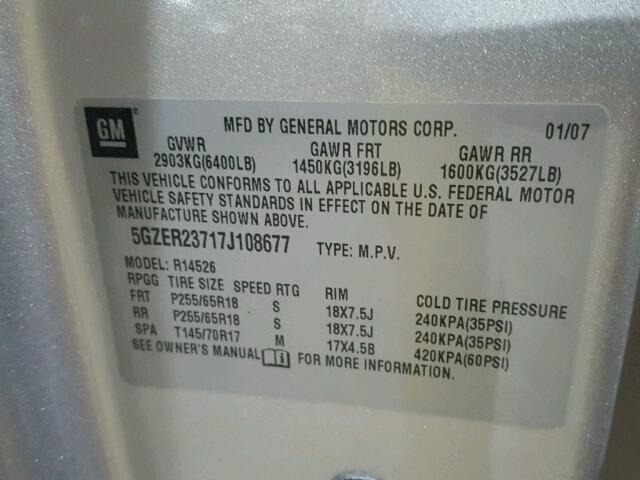 5GZER23717J108677 - 2007 SATURN OUTLOOK XR ვერცხლისფერი ფოტო 10