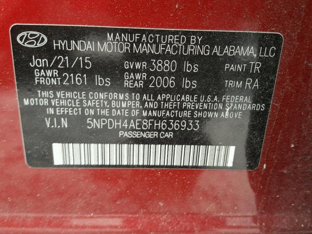 5NPDH4AE8FH636933 - 2015 HYUNDAI ELANTRA SE RED photo 10