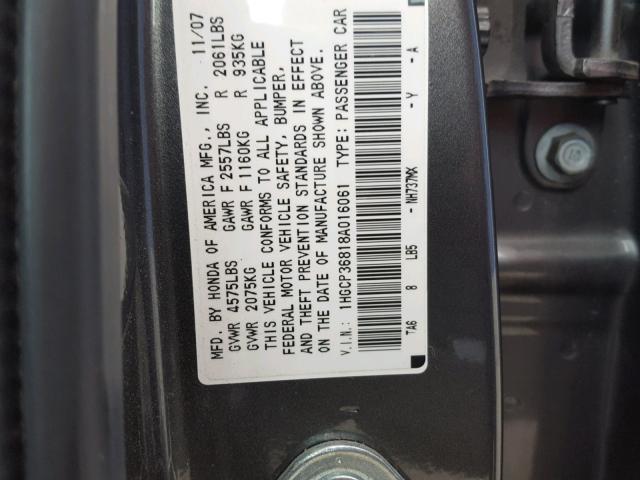 1HGCP36818A016061 - 2008 HONDA ACCORD EXL GRAY photo 10