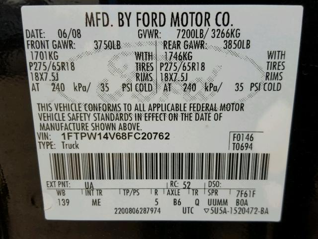 1FTPW14V68FC20762 - 2008 FORD F150 SUPER BLACK photo 10