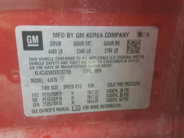 KL4CJGSB2EB737708 - 2014 BUICK ENCORE RED photo 10