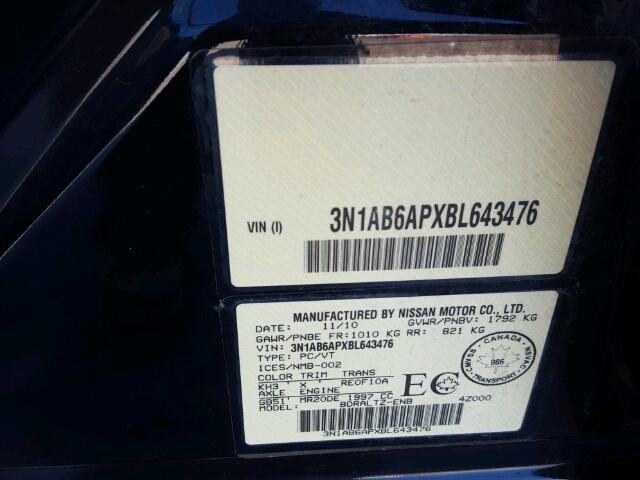 3N1AB6APXBL643476 - 2011 NISSAN SENTRA 2.0 BLACK photo 10