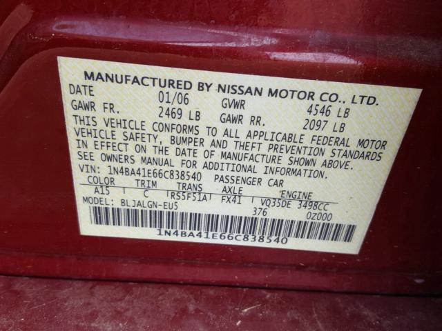 1N4BA41E66C838540 - 2006 NISSAN MAXIMA SE MAROON photo 10