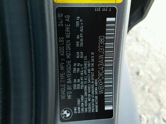 WBXPC9C43AWJ37380 - 2010 BMW X3 XDRIVE3 GRAY photo 10