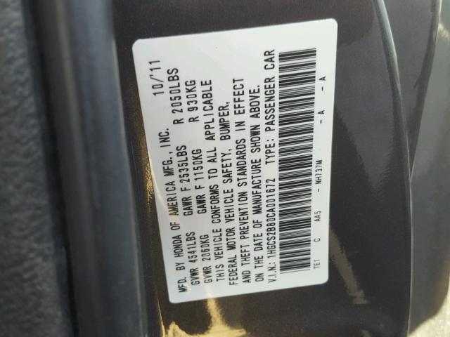 1HGCS2B80CA001672 - 2012 HONDA ACCORD GRAY photo 10