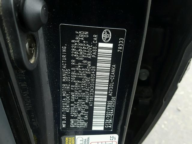 4T1BE32K35U605426 - 2005 TOYOTA CAMRY LE BLACK photo 10