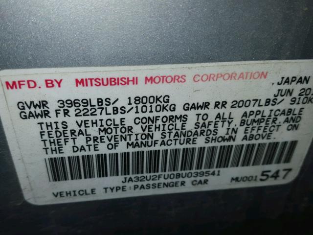 JA32U2FU0BU039541 - 2011 MITSUBISHI LANCER ES/ SILVER photo 10