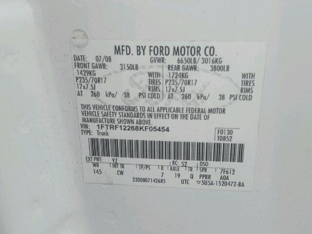 1FTRF12268KF05454 - 2008 FORD F150 WHITE photo 10