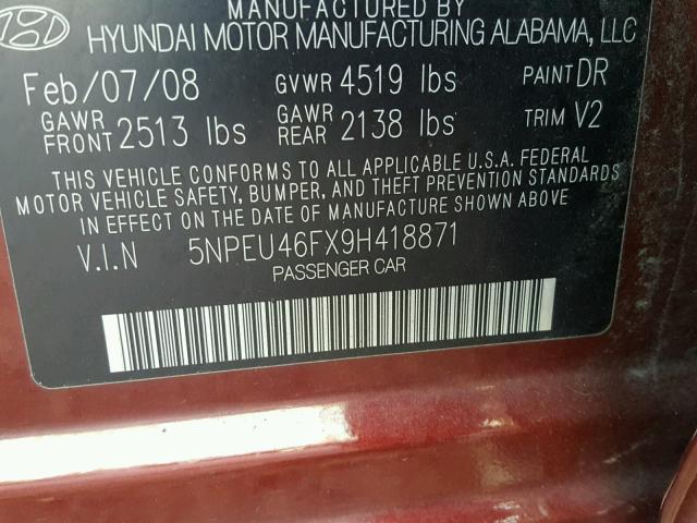 5NPEU46FX9H418871 - 2009 HYUNDAI SONATA BURGUNDY photo 10