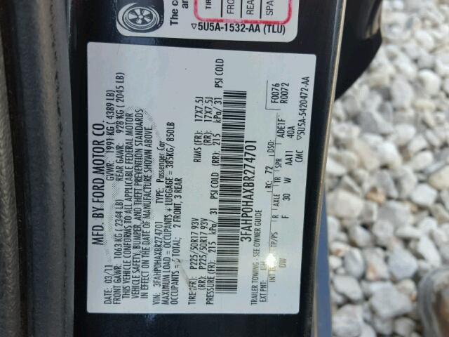 3FAHP0HAXBR274701 - 2011 FORD FUSION BLACK photo 10