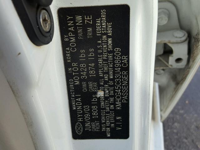 KMHCG45C33U498609 - 2003 HYUNDAI ACCENT WHITE photo 10