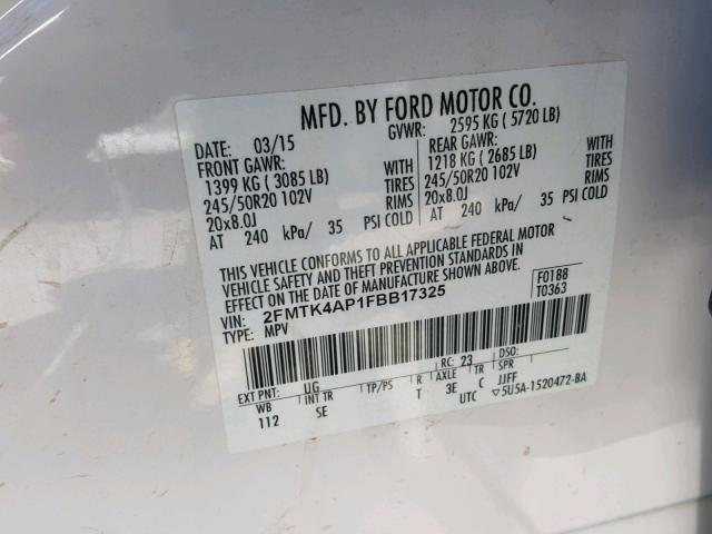 2FMTK4AP1FBB17325 - 2015 FORD EDGE SPORT WHITE photo 10