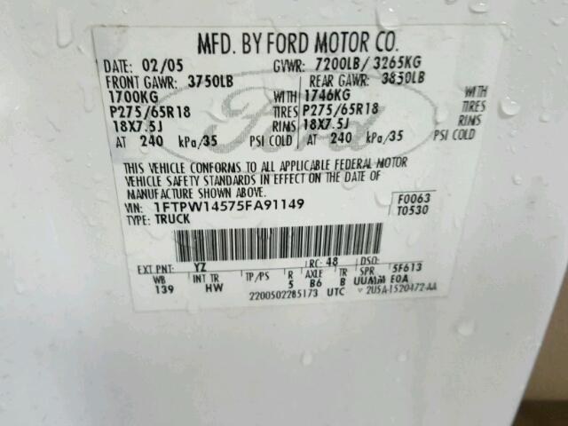 1FTPW14575FA91149 - 2005 FORD F150 WHITE photo 10