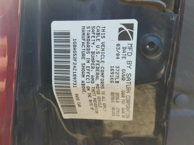 1G8AG52F24Z189731 - 2004 SATURN ION LEVEL RED photo 10