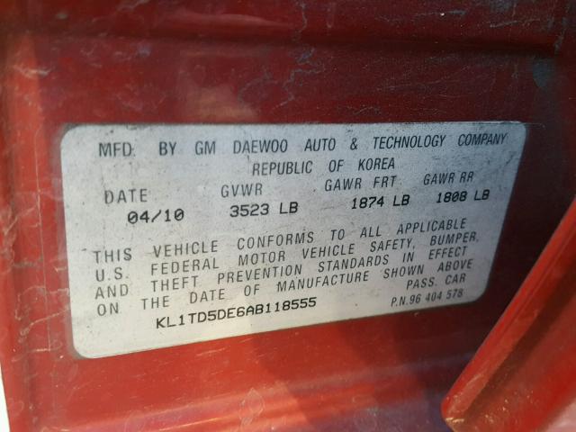 KL1TD5DE6AB118555 - 2010 CHEVROLET AVEO LS 红色 照片 10