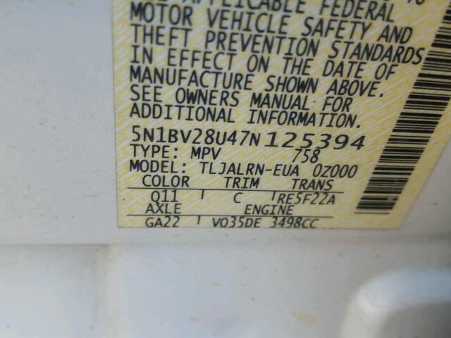 5N1BV28U47N125394 - 2007 NISSAN QUEST WHITE photo 10