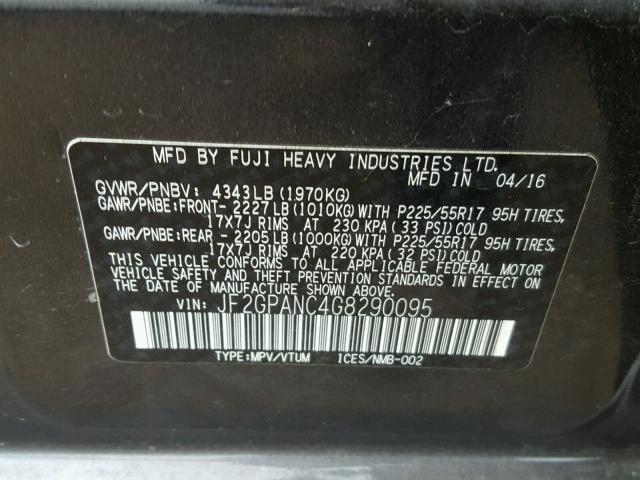 JF2GPANC4G8290095 - 2016 SUBARU CROSSTREK CHARCOAL photo 10