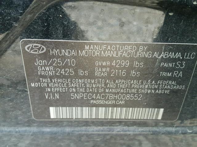 5NPEC4AC7BH008552 - 2011 HYUNDAI SONATA SE BLACK photo 10