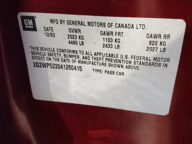 2G2WP522041260415 - 2004 PONTIAC GRAND PRIX MAROON photo 10