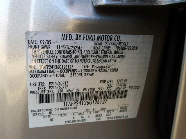 1FAFP24126G126127 - 2006 FORD FIVE HUNDR SILVER photo 10