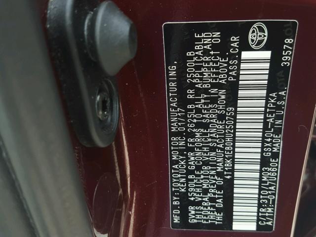 4T1BK1EB0HU250759 - 2017 TOYOTA AVALON XLE 栗色 照片 10