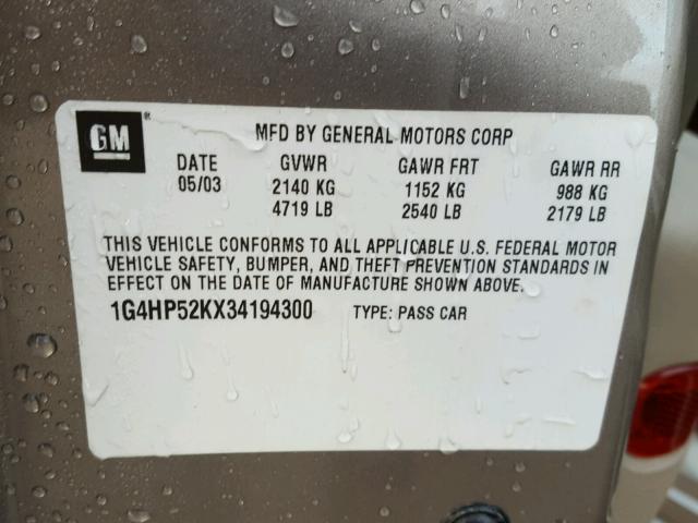 1G4HP52KX34194300 - 2003 BUICK LESABRE TAN photo 10