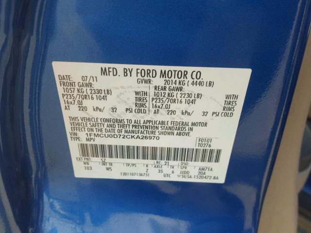 1FMCU0D72CKA26970 - 2012 FORD ESCAPE XLT BLUE photo 10