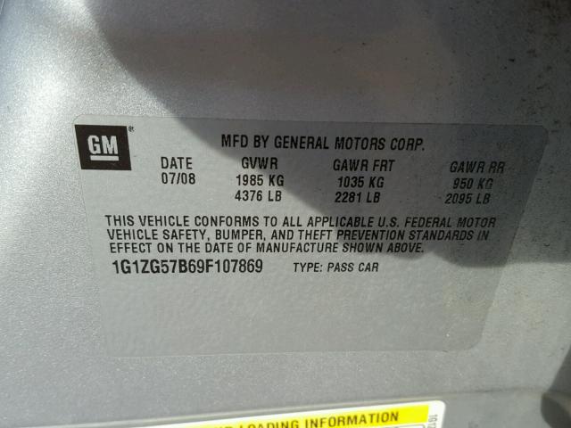 1G1ZG57B69F107869 - 2009 CHEVROLET MALIBU LS ვერცხლისფერი ფოტო 10
