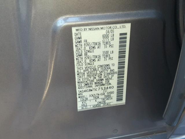 5N1AR18W75C753440 - 2005 NISSAN PATHFINDER GRAY photo 10